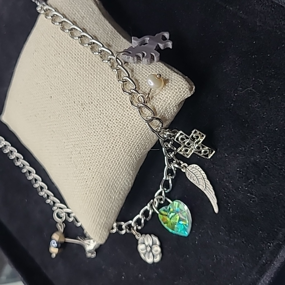 Charm Necklace Silver Tone Heart Pearl Cross Bird Angel Wing Flower Lion Fashion - Picture 4 of 7